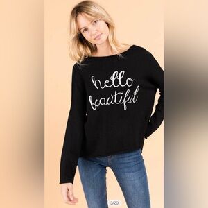 Gilli Hello Beautiful Embroidered Sweater in Black Size Small White Text